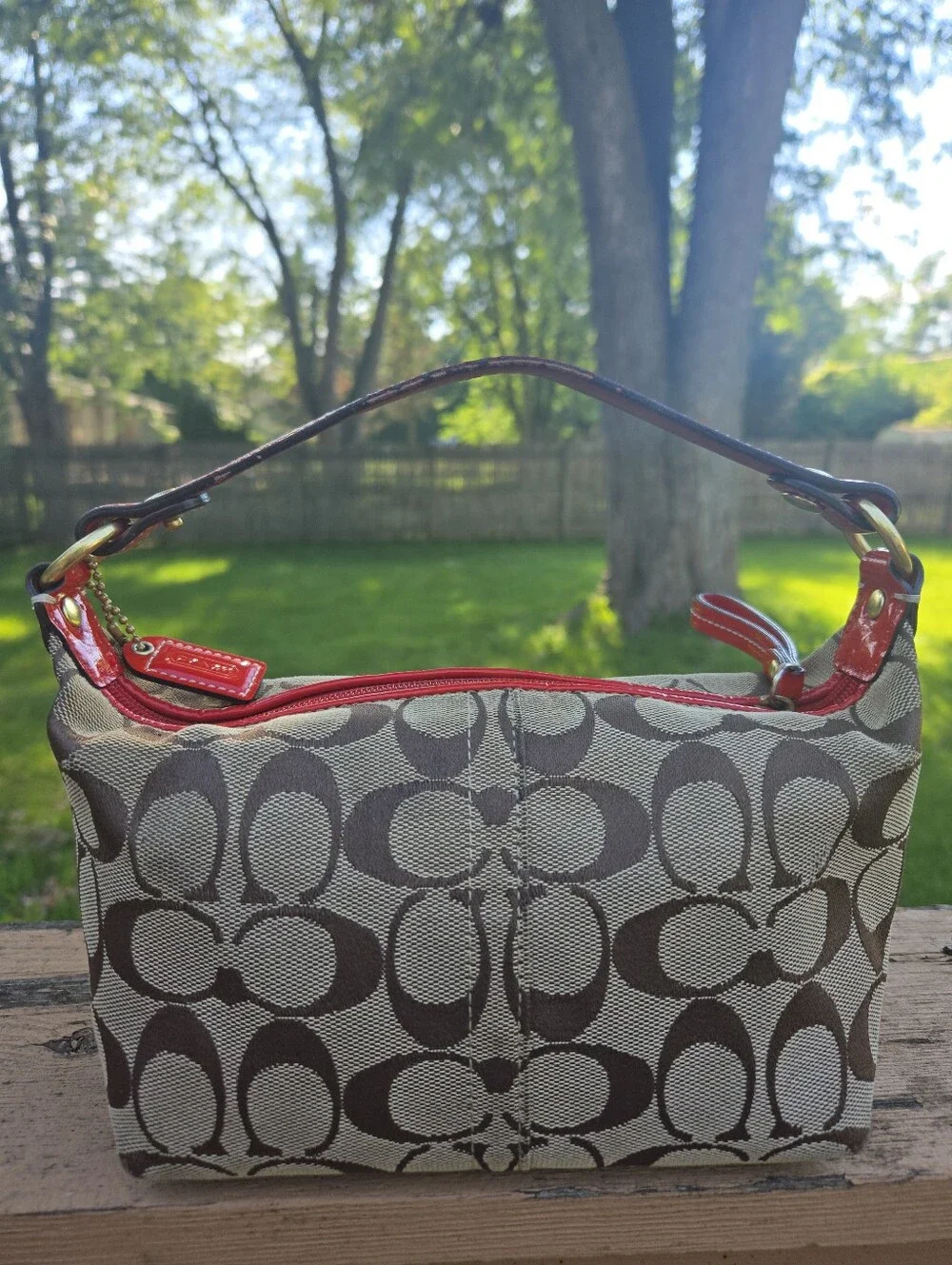 Coach Y2K Mini Monogram C Red Red Patent Leather Trim Flower Appliqué w/ Wrislet